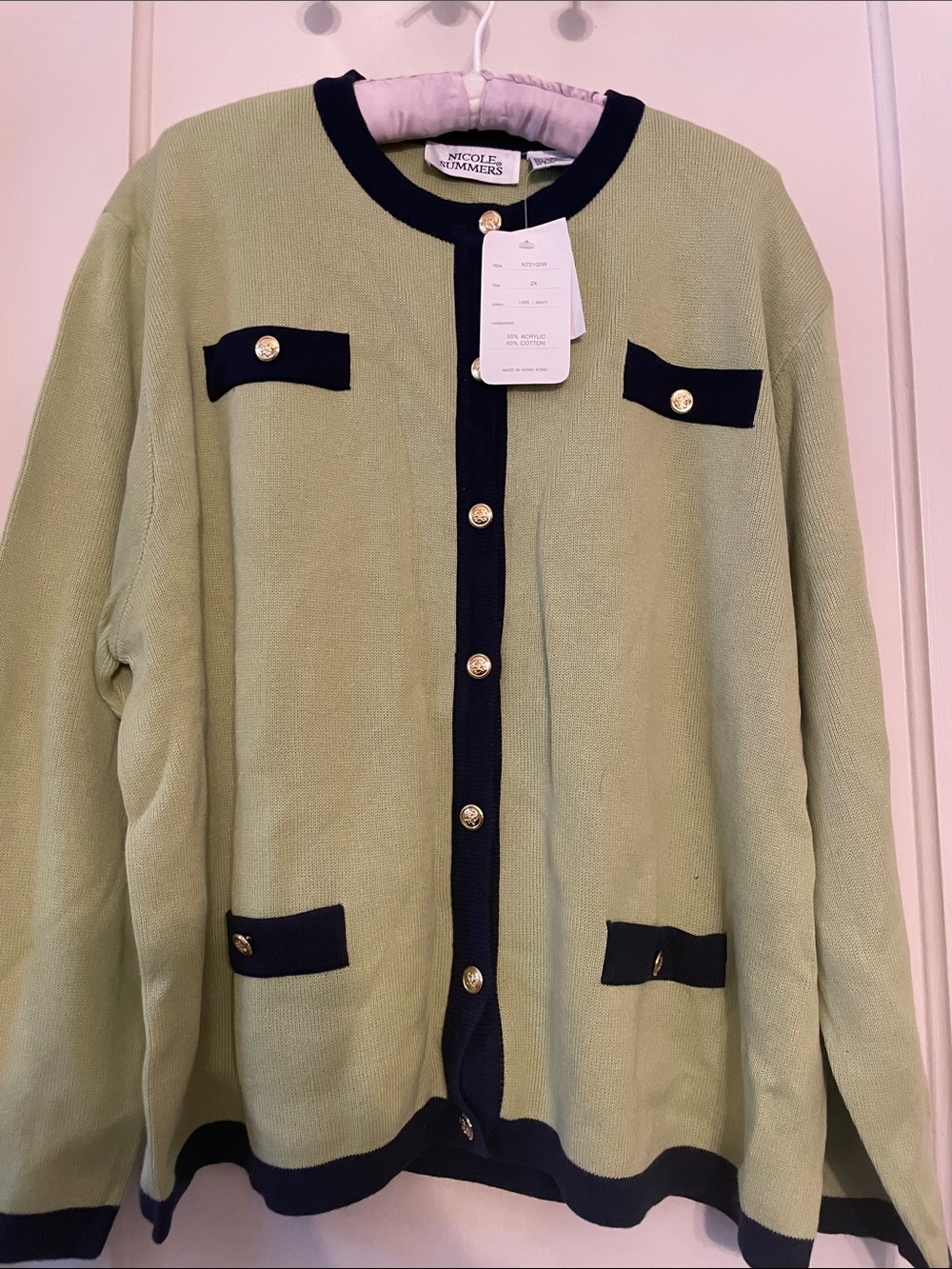 Nicole Miller Light Green Cardigan with Black Trim Vintage with Tags